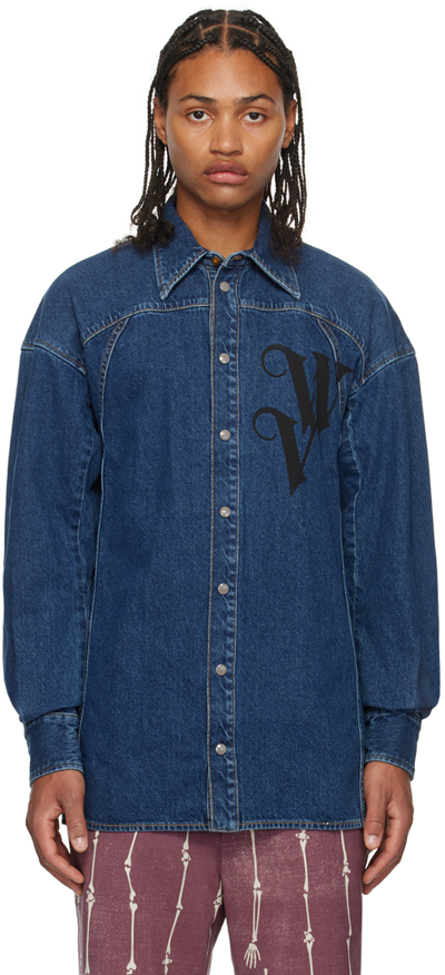 Shop Vivienne Westwood Blue Football Denim Shirt In 233-w00o2-k406de