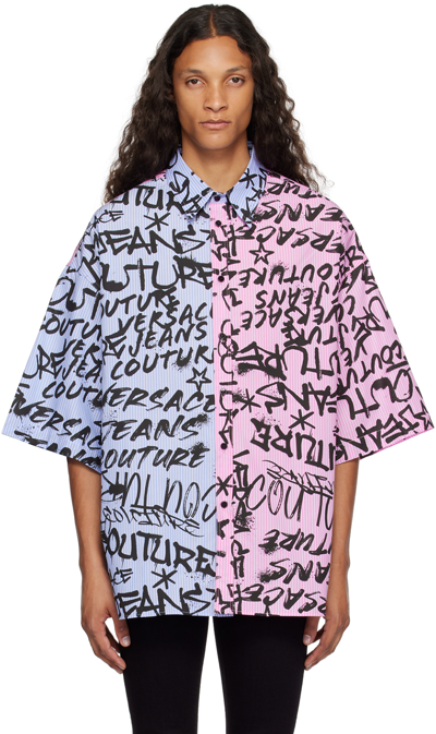 Shop Versace Jeans Couture Pink & Blue Stripes Graffiti Shirt In E433 Carnation