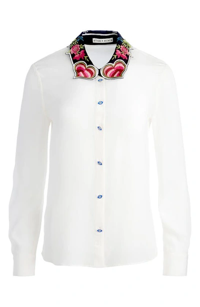 Shop Alice And Olivia Willa Embroidered Collar Silk Shirt In Ecru
