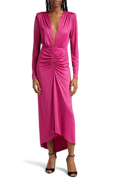 Shop Veronica Beard Kiah Rhinestone Plunge Neck Long Sleeve High-low Maxi Dress In Fuchsia