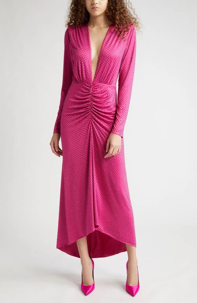 Shop Veronica Beard Kiah Rhinestone Plunge Neck Long Sleeve High-low Maxi Dress In Fuchsia