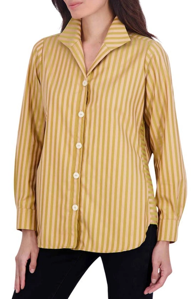 Shop Foxcroft Pandora Stripe Cotton Blend Button-up Shirt In Gold