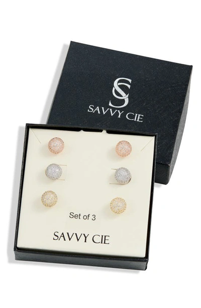 Savvy Cie Jewels Fireball Set Of 3 Stud Earrings In Yellow/ Rose/ Silver