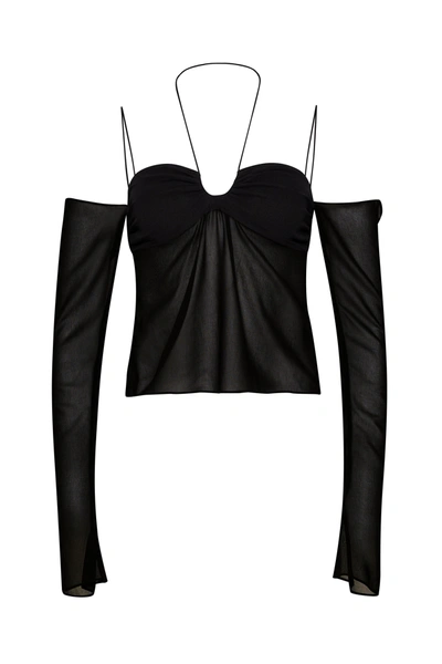 Shop Danielle Guizio Ny Ruched Chiffon Long Sleeve Top In Black