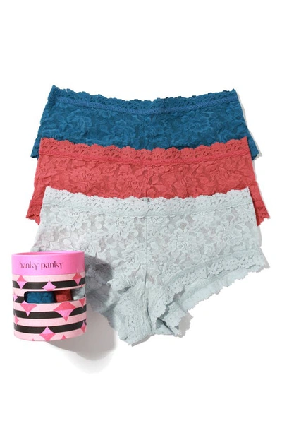 Shop Hanky Panky Holiday Assorted 3-pack Boyshorts In Blue /pink Sand/ Pearl Grey