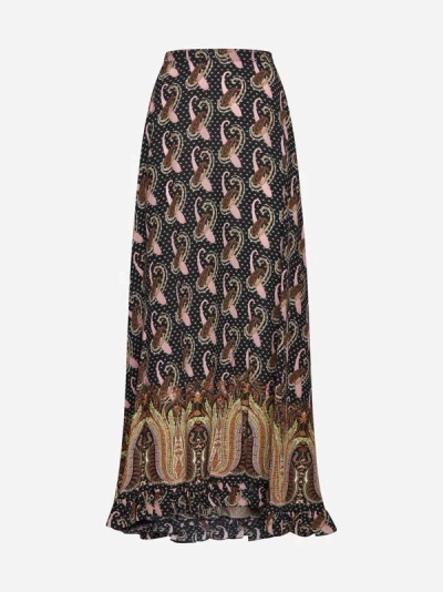 Shop Etro Print Silk Long Skirt In Black,multicolor