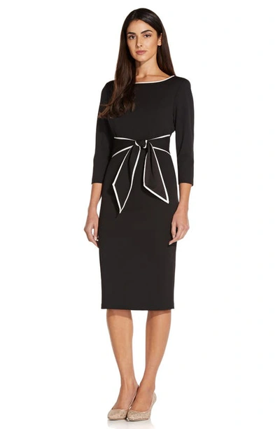 Shop Adrianna Papell Tipped Tie Waist Crepe Dress In Black/ Ivory
