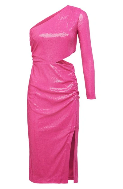 Shop L Agence Christie One-shoulder Sequin Cutout Sheath Dress In Pink Glo