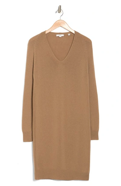 Vince V-neck Long Sleeve Wool Blend Sweater Dress In Whole Wheat