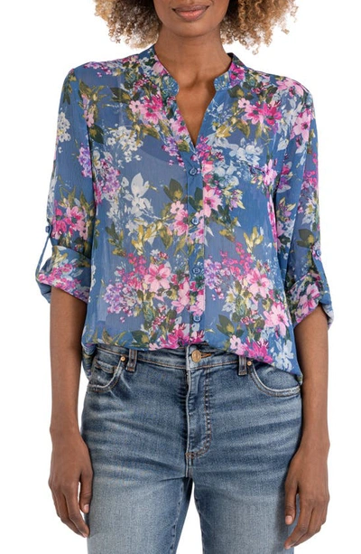 Shop Kut From The Kloth Jasmine Chiffon Button-up Shirt In Quartu Bouquet Deep Sea