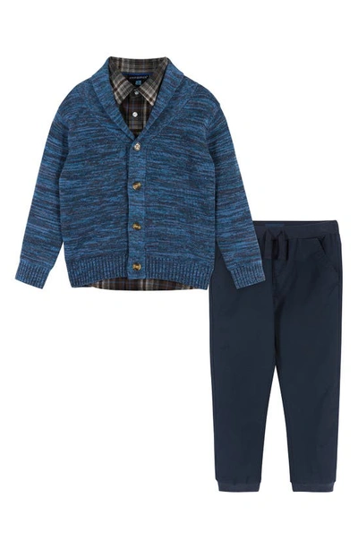 Shop Andy & Evan Kids' Marled Cardigan, Plaid Button-up Shirt & Pants Set In Marled Blue