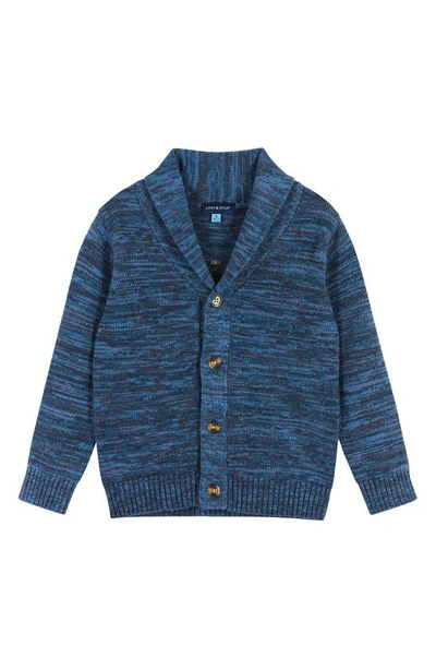 Shop Andy & Evan Kids' Marled Cardigan, Plaid Button-up Shirt & Pants Set In Marled Blue