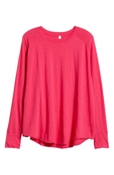 Shop Zella Relaxed Washed Cotton Long Sleeve T-shirt In Pink Bright