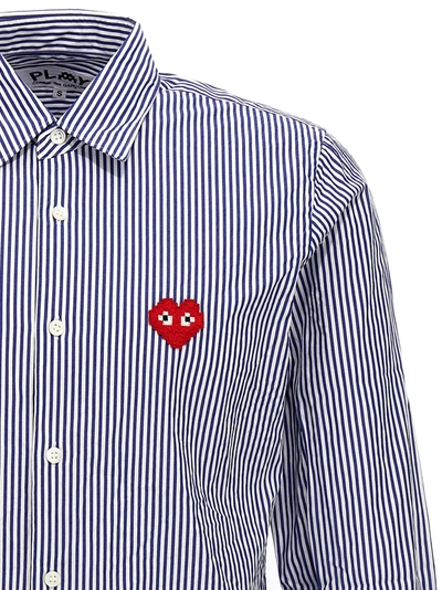 Shop Comme Des Garçons Play Logo Patch Striped Shirt Shirt, Blouse In Blue