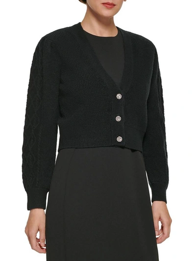 Shop Dkny Womens Ribbed Knit Button Shrug Sweater In Black
