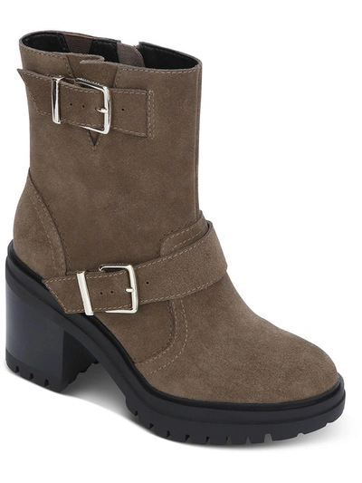 Kenneth Cole New York Rhode Heel Buckle Womens Faux Leather Casual Ankle Boots In Beige