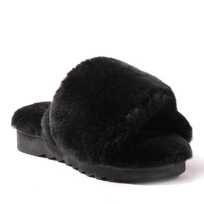 Shop Dearfoams Ez Feet Women's Genuine Shearling Wide X-band Slide Slipper In Black