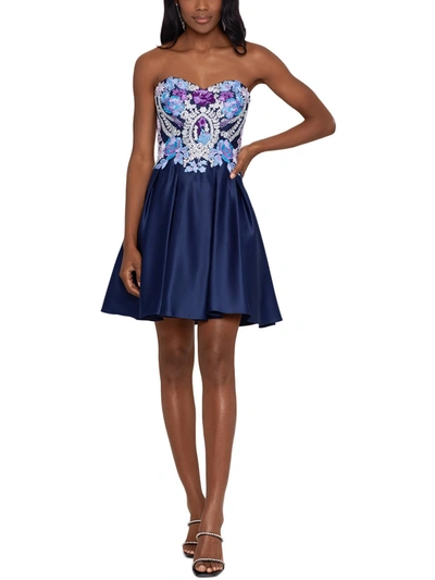 Shop Blondie Nites Juniors Womens Embroidered Mini Fit & Flare Dress In Blue