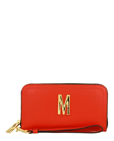 Shop Moschino Logo Leather Zip Wallet In Orange