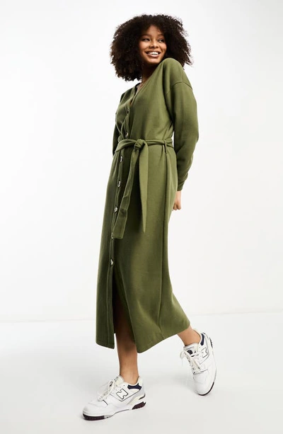 Shop Asos Design Long Sleeve Button-up Midi Sweater Dress In Khaki