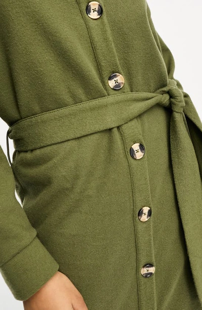 Shop Asos Design Long Sleeve Button-up Midi Sweater Dress In Khaki