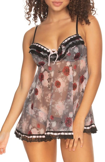 ruffles Galore' Underwire Chemise & Hipster Briefs In Cherry Rose