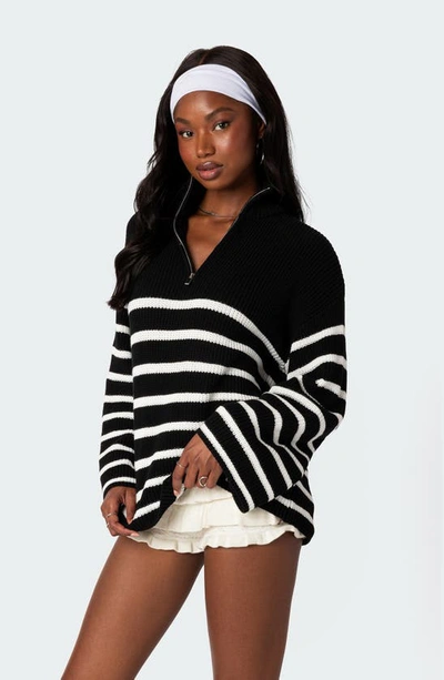Edikted Stripe Oversize Quarter Zip Sweater In Black-and-white