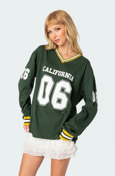 Shop Edikted Cali 06 Oversize Long Sleeve Cotton Graphic Football T-shirt In Green