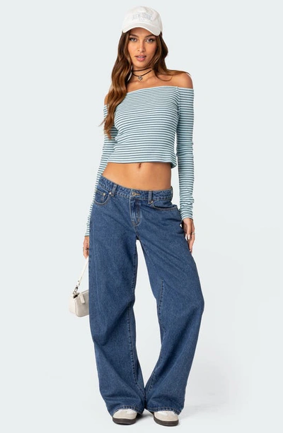 Edikted Stripe Off The Shoulder Cotton Crop Rib Top In Mix