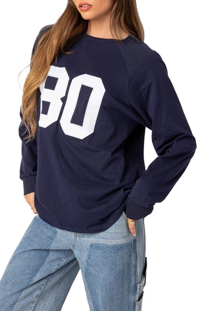 Shop Edikted 80 Oversize Long Sleeve Cotton Graphic T-shirt In Navy