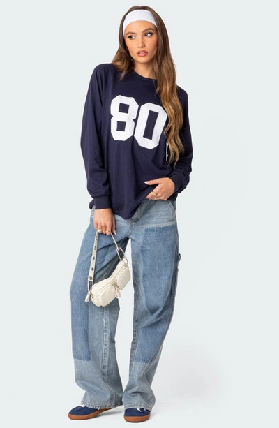 Shop Edikted 80 Oversize Long Sleeve Cotton Graphic T-shirt In Navy