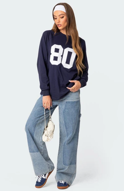 Shop Edikted 80 Oversize Long Sleeve Cotton Graphic T-shirt In Navy