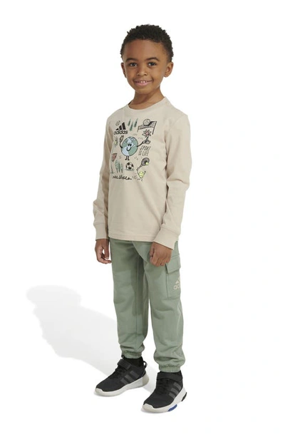 Shop Adidas Originals Kids' Long Sleeve Cotton Graphic T-shirt & Cargo Joggers Set In Wonder Beige
