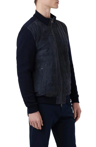 Shop Bugatchi Quilted Suede Panel Sweater Jacket In Navy