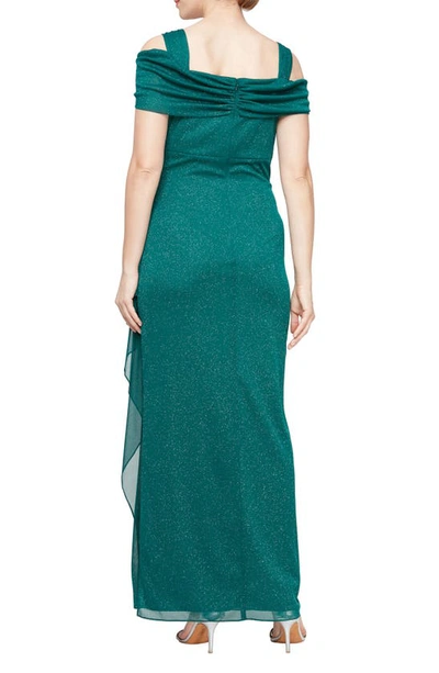 Alex Evenings Cold Shoulder Ruffle Glitter Evening Gown In Emerald Green