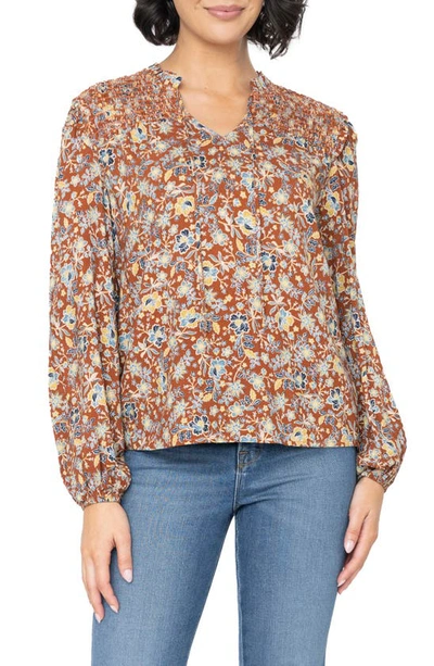 Shop Gibsonlook Tie Neck Long Sleeve Smoked Yoke Blouse In Saddle Brown Floral