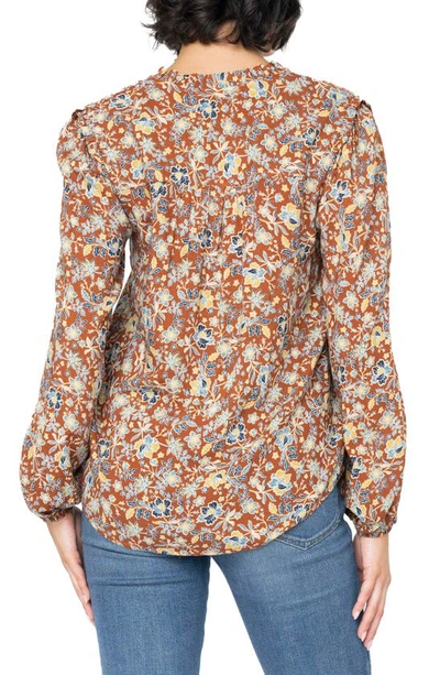 Gibsonlook Tie Neck Long Sleeve Smoked Yoke Blouse In Saddle Brown Floral