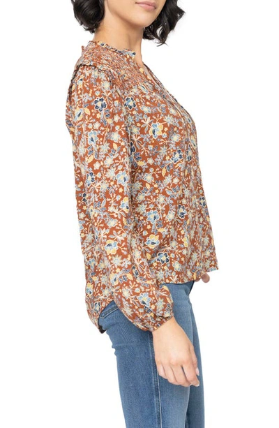 Gibsonlook Tie Neck Long Sleeve Smoked Yoke Blouse In Saddle Brown Floral