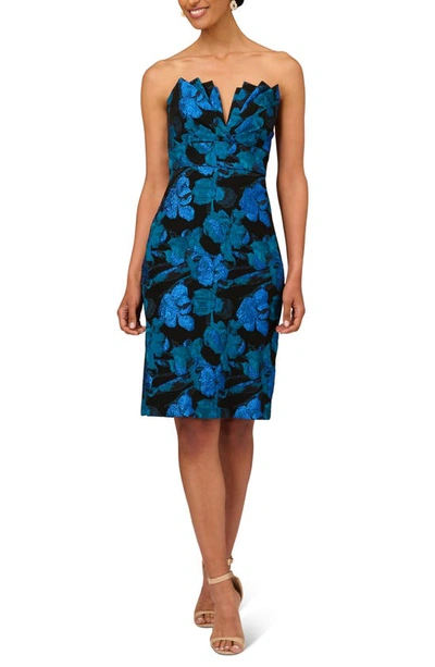 Shop Aidan Mattox By Adrianna Papell Metallic Floral Print Strapless Cocktail Dress In Blue Multi