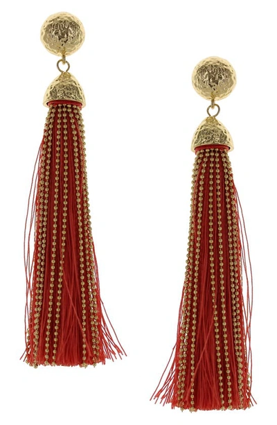 Shop Olivia Welles Cotton & Chain Tassel Drop Earrings In Gold / Coral