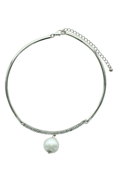 Shop Olivia Welles Nikki Iced Imitation Pearl Choker Necklace In Silver / White / Clear
