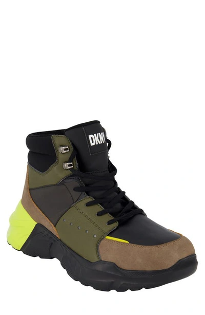 Shop Dkny Mixed Media High Top Sneaker In Olive/ Tan