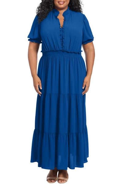 Shop London Times Ruffle Puff Sleeve Tiered Maxi Dress In Dirblue