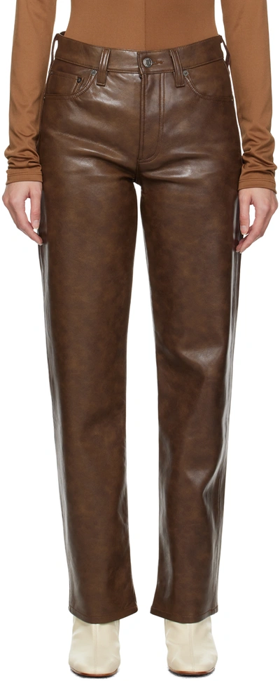 Shop Agolde Brown Sloane Leather Pants In Cola (marble Brown)