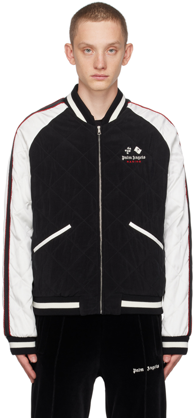 Palm Angels X Haas F1 Team Satin Bomber Jacket In Black White
