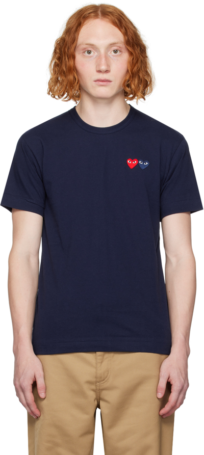 Shop Comme Des Garçons Play Navy Double Heart T-shirt In 2 Navy