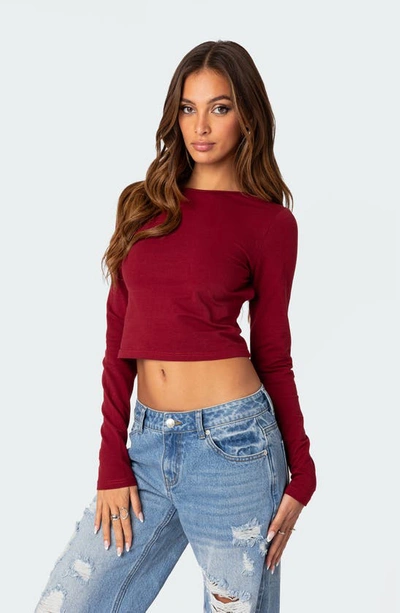 Edikted Women's Open Back Tshirt With Long Sleeve In Burgundy