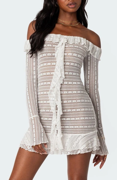 Edikted Lace Ruffle Off The Shoulder Long Sleeve Minidress In Cream