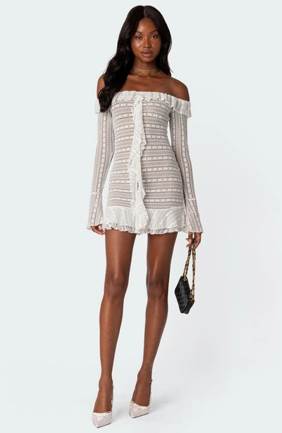 Edikted Lace Ruffle Off The Shoulder Long Sleeve Minidress In Cream