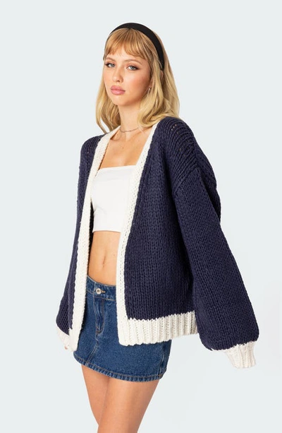 Edikted Colorblock Chunky Knit Cardigan In Navy